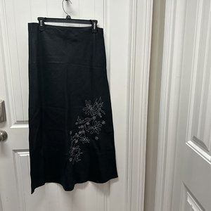 Merona Linen Skirt Embroiderd Floral Size 10 Vintage 2003 Black Midi
